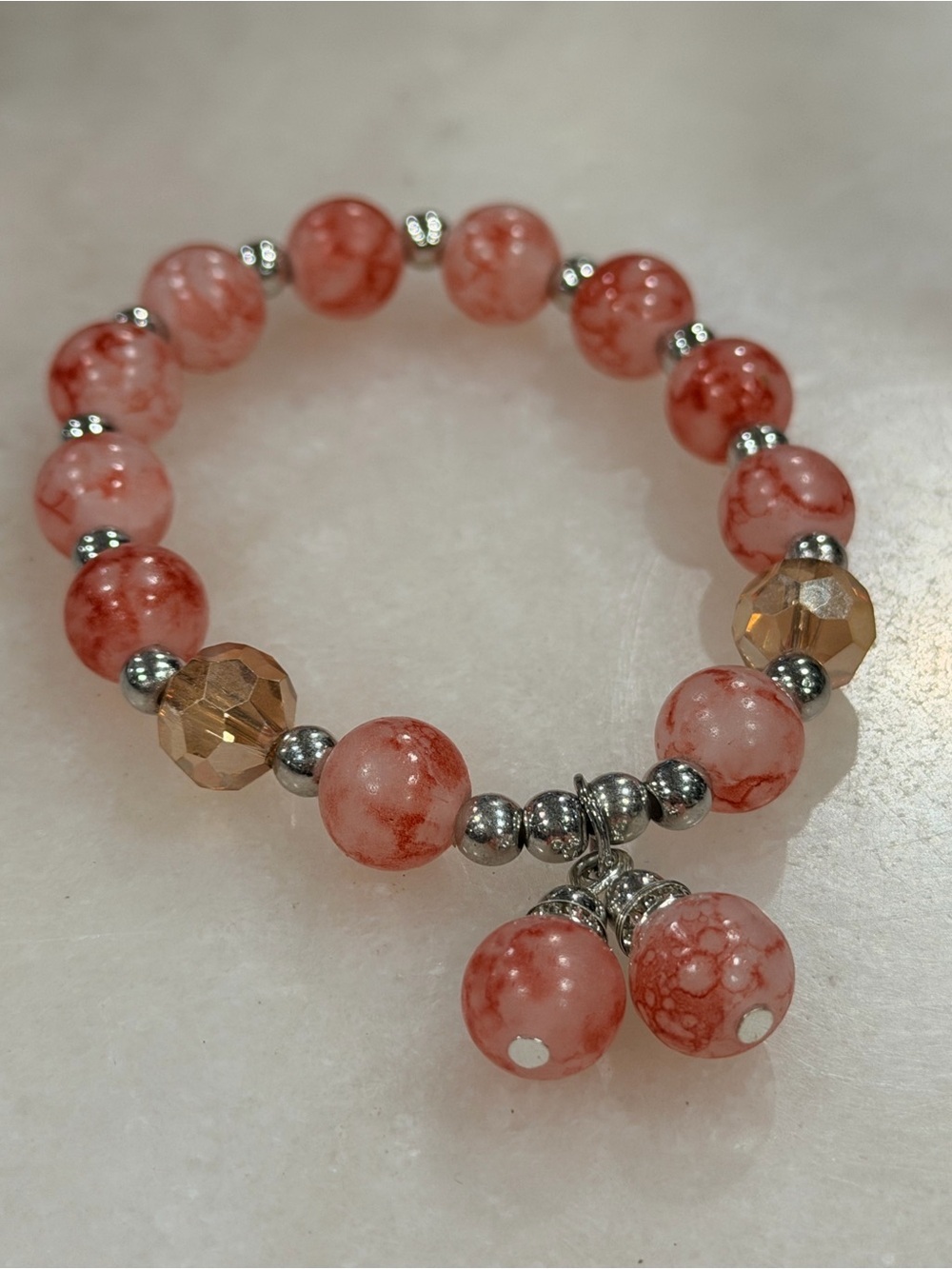 Pink Marbled Beaded Stretch Bracelet Handmade Silver Accents Jewelry